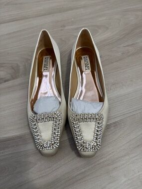 Badgley Mischka Ivory Satin Rhinestone Buckle Flats